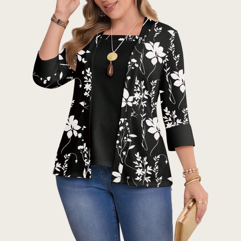 2025 Plus Size Floral Print Casual Two-Piece Seven-Sleeve Top for Women