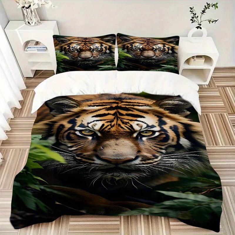 3Pcs Tiger Print Printed Bedding Set, Breathable And Soft, Machine Washable, Christmas Gift, Suitable for Bedroom Decoration, 15181