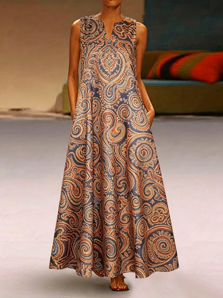 Retro Floral Color Matching Printing V-neck Sleeveless Loose Pendulum Long Dress