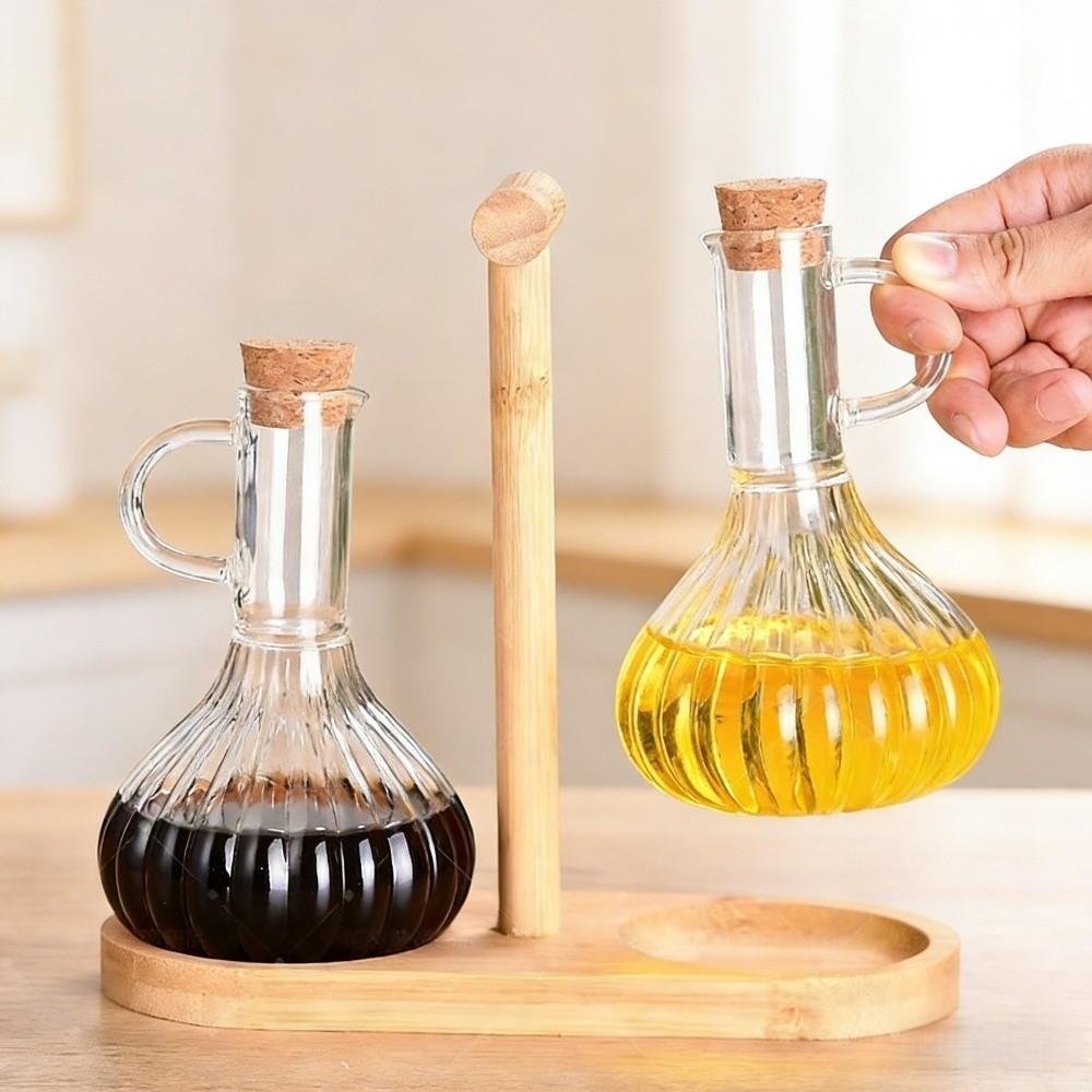 Wooden Stand Glass Oil Pot Sealed Storage Leak-proof Sauce Vinegar Cruet Transparent Bottle High-Temperature Resistant
