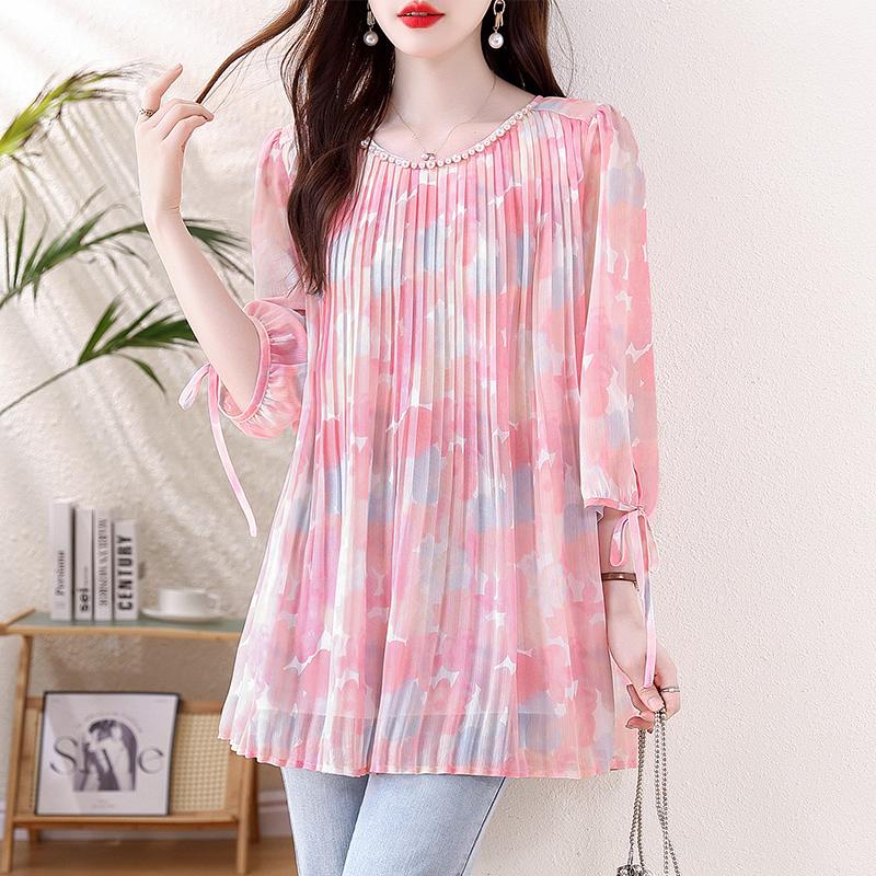 

DIMANAF 2025 Летняя Женская Базовая Футболка Большого Размера Винтажная Оверсайз Модная Повседневная Свободная Плиссированная Шифоновая Майка L розовый