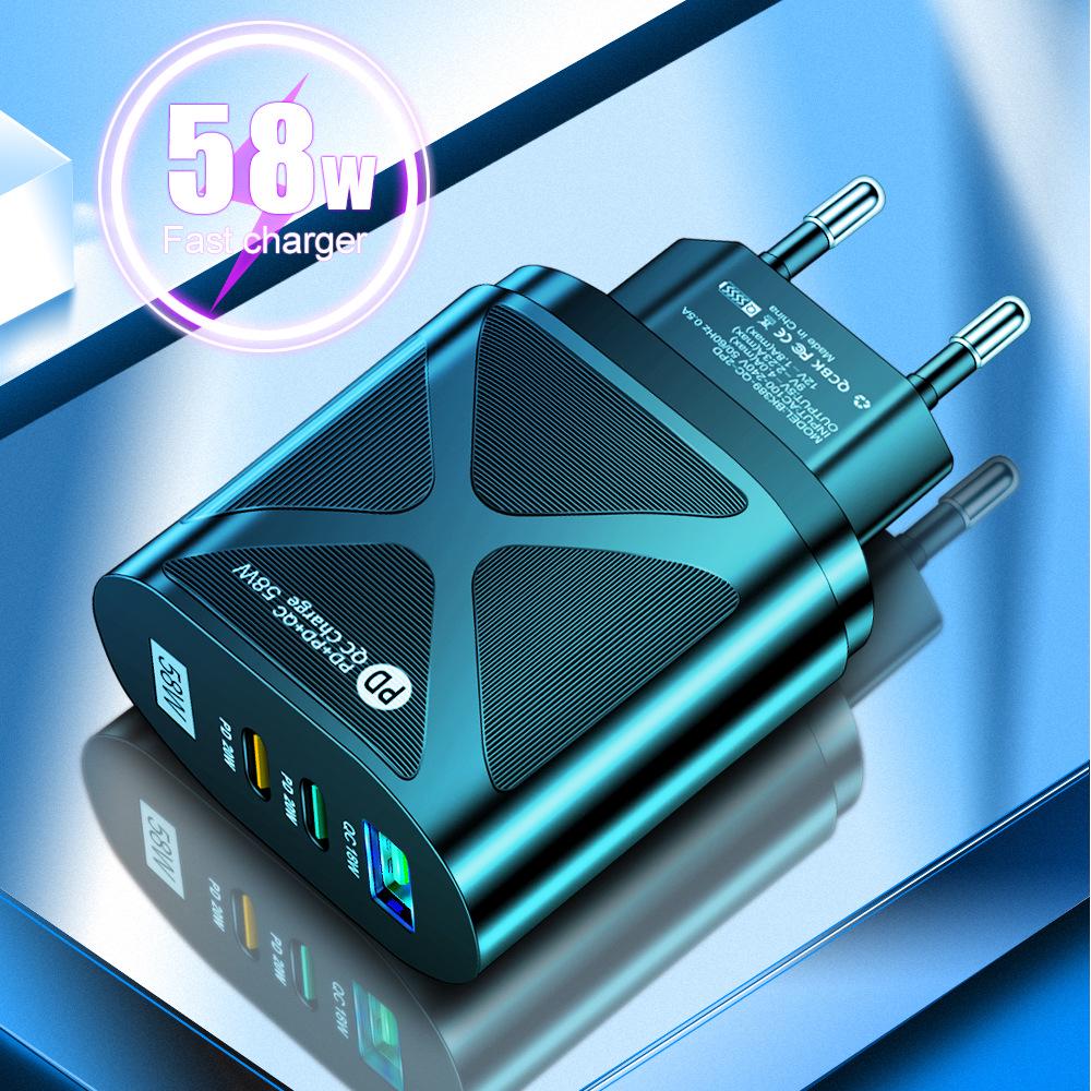 58W Multi-Standard Travel Charger with USB & Dual PD Fast Charging (EU/US/UK/KR/AU)