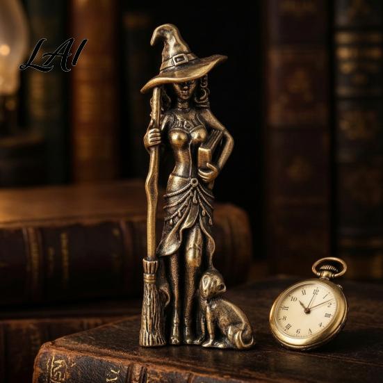Unique Desk Display Art Brass Witch Statue with Cat Vintage Metal Figurine Collectible Fantasy Whimsical Kitten Halloween Ornament for Gothic