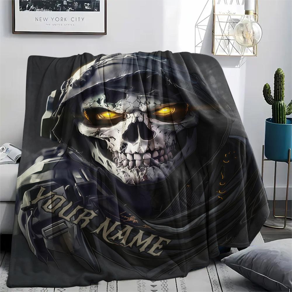 1PC Custom Name Skull Warrior Artwork Patterned Flannel Blanket Suitable For All Seasons for Home Decor Warmth and Comfort Gifts Holiday Present_lx