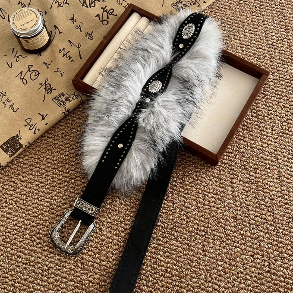 Retro Leather Fur Belt Spicy Girl Style Y2K Plush Waist Belt Fashion Furry Waistband  Daily