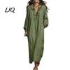 Lady Casual Dress Women Ruffle V Neck Long Dress, Loose Fit Midi Dresses Solid Color Sleeves for Spring Autumn