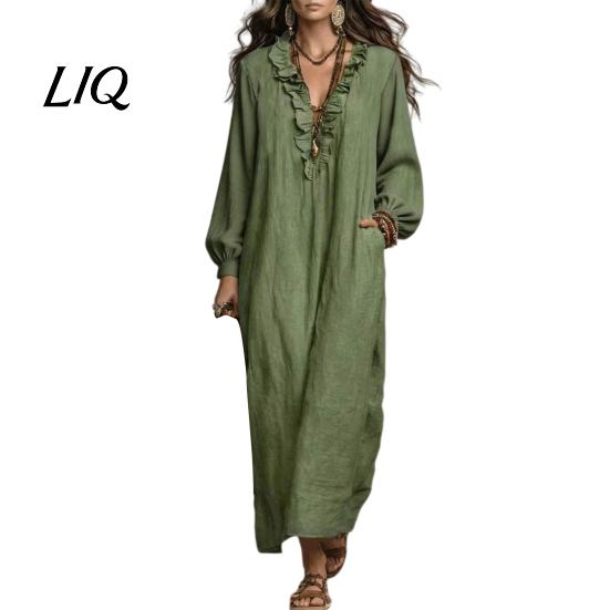 Lady Casual Dress Women Ruffle V Neck Long Dress, Loose Fit Midi Dresses Solid Color Sleeves for Spring Autumn