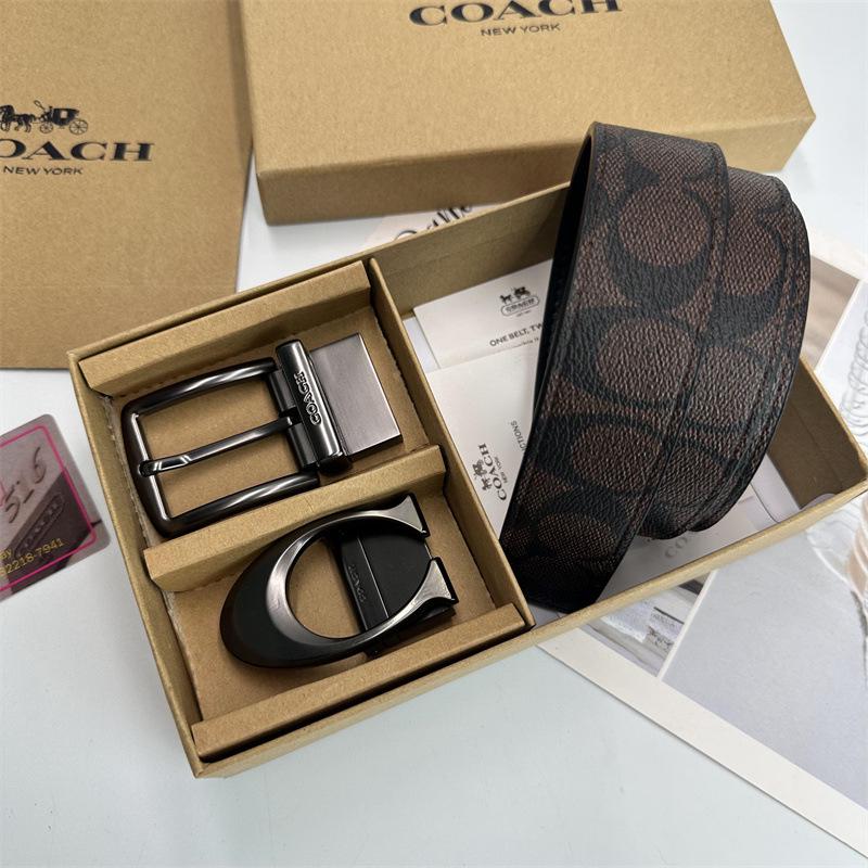 Men's Classic Double Buckle Leather Belt with C Buckle and Fabric Texture - Business Casual Trousers Accessory