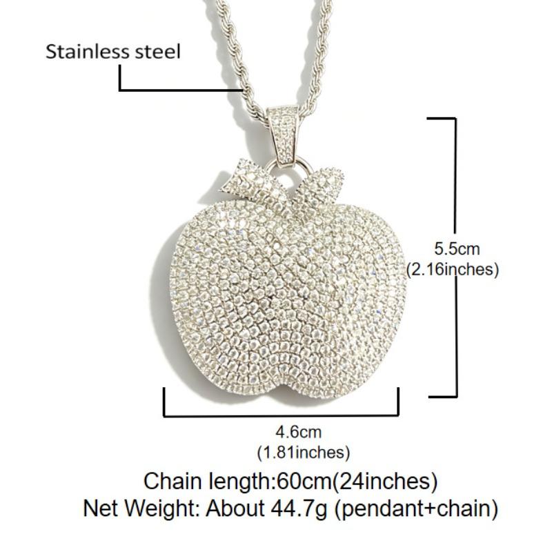 Hip Hop Copper Inlaid Zircon Full Diamond Apple Pendant, Trendy Versatile Necklace, Unisex Personalized Accessory