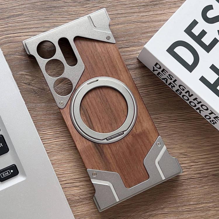 Armor Walnut Wood Metal Frameless 360 Rotation Holder Magnetic Phone Case For Samsung Galaxy S25 Ultra 5G