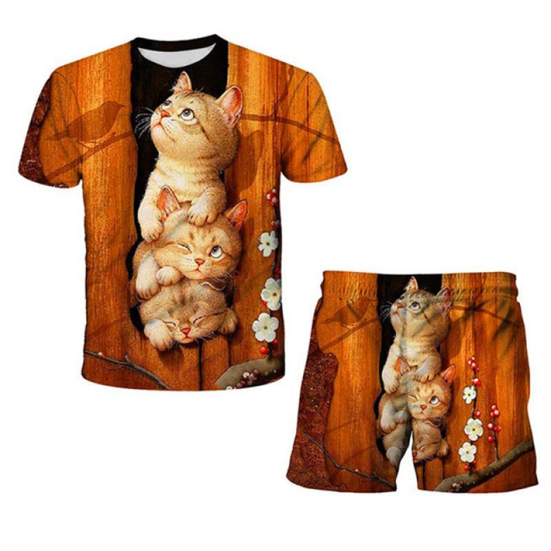 Summer Baby Kids Cat Sets Short Sleeves Printed T Shirts and Short Pants 2pcs Boys and Girls Lovely Clothing Outfits 1-14 Years