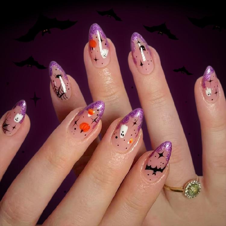 Artificial Nail Almond French Tips Fake Nail Acrylic Nail Spiders Web Stick on Nail for Women Halloween Press on Nail