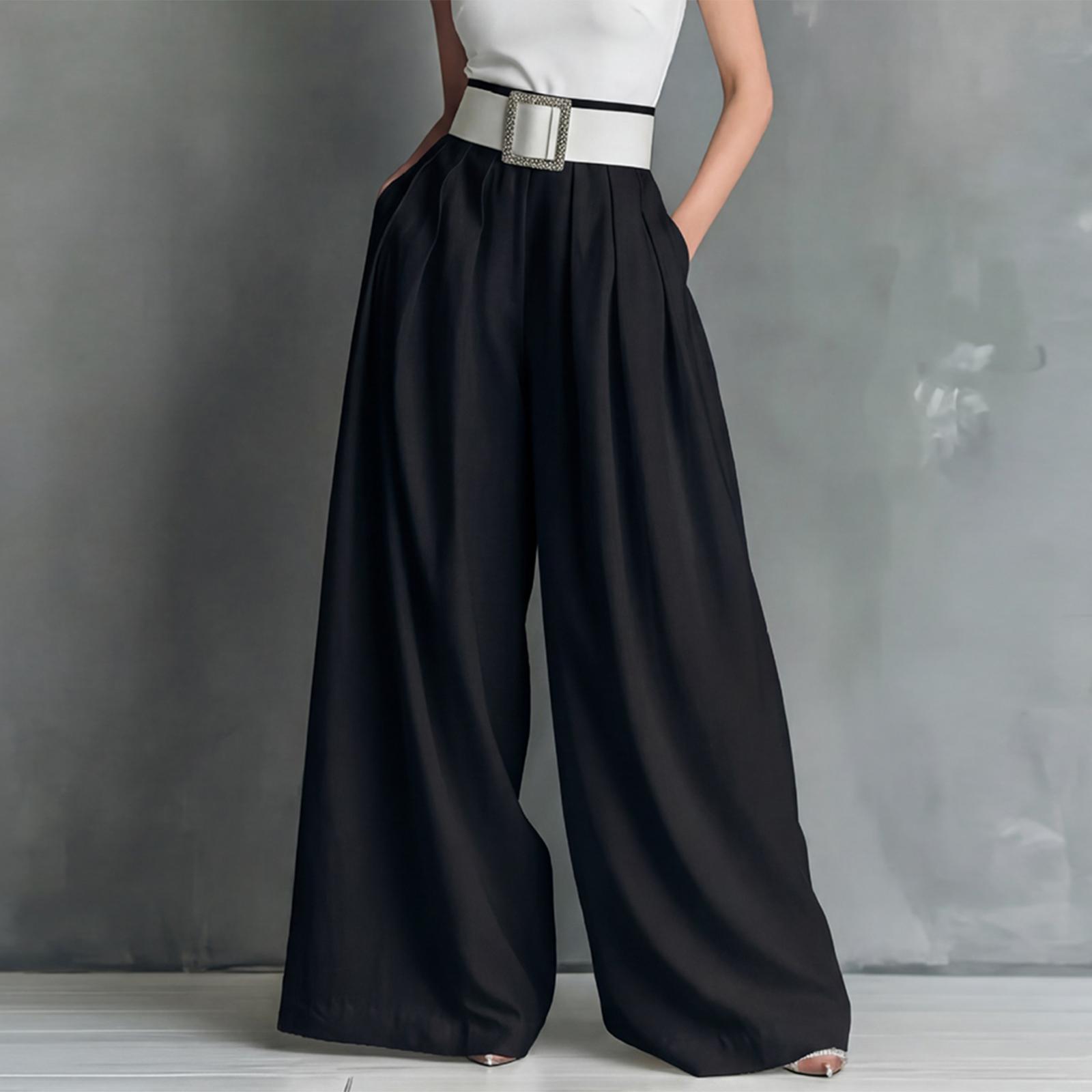 

Women s Fashionable Color Pocket High Waist Loose Wide Leg Casual Pants XXL чёрный