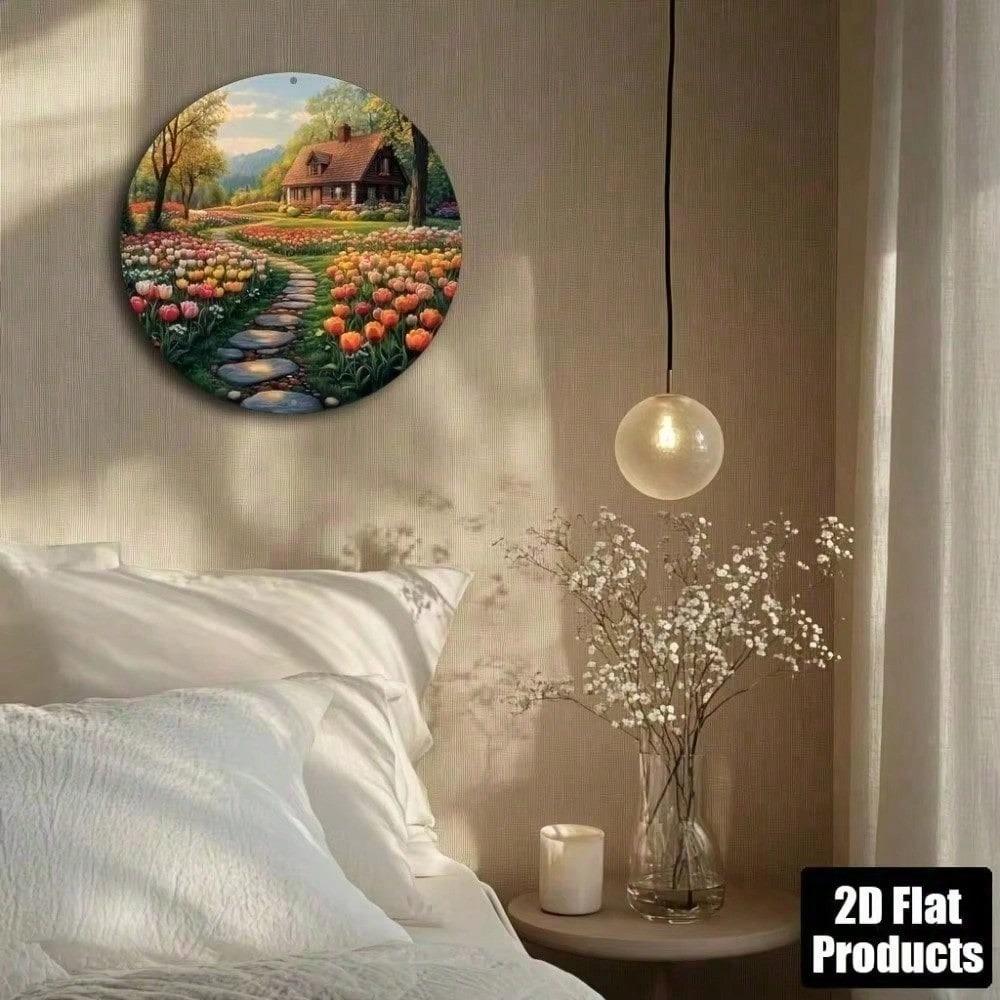 Vintage Metal Tulip Wall Art Round Decor for Home Kitchen Aluminum Plate