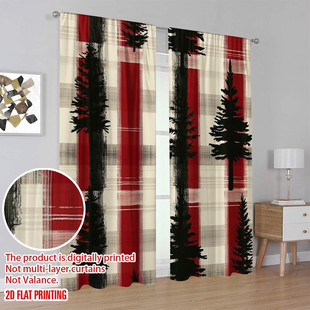 2 Stück, 2D-Flachdruck Vorhänge Digital bedruckte Weihnachtsbäume Büffelkaro (2) Polyester Fabrik (ohne Stange) Festliches Ideal