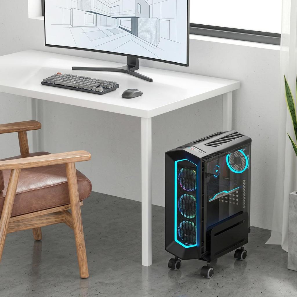 AGPTEK CPU Stand with Casters, PC Cart, Desktop PC Stand with Side Panels, Movable, Adjustable Width, Dustproof, Black