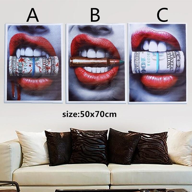 Wall art painting Sexy Bloody Canvas painting wall art pictures Red Lips Bite Bullet Money wall painting Wall Art For Living Room Home Decor Frameless