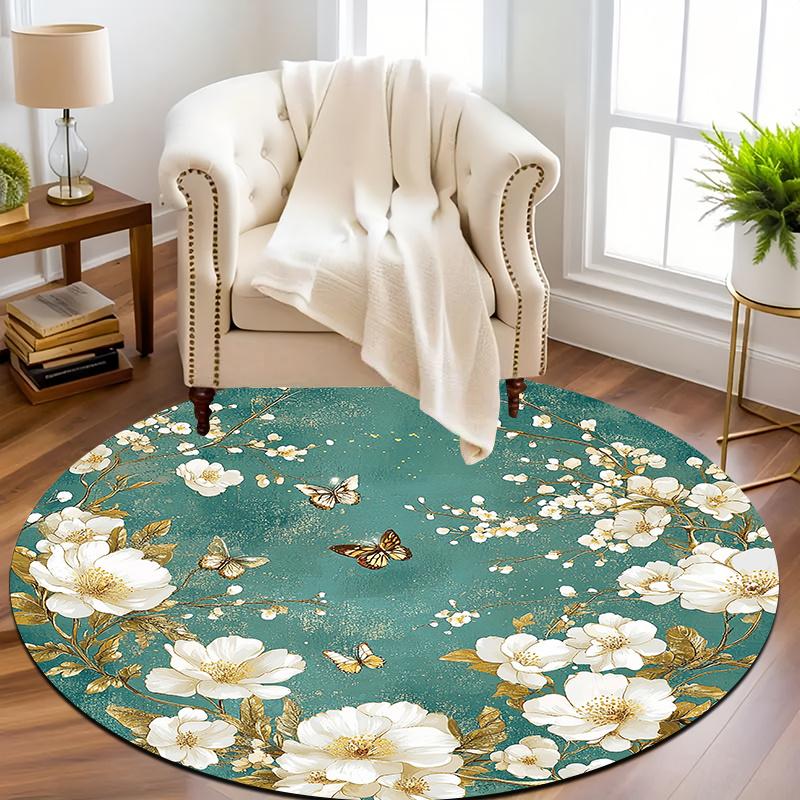 White Flower Retro Style Flannel-printed Round Floor Mats Are Slip-resistant Suitable Living Room Bedroom Terrace Garden Carpets
