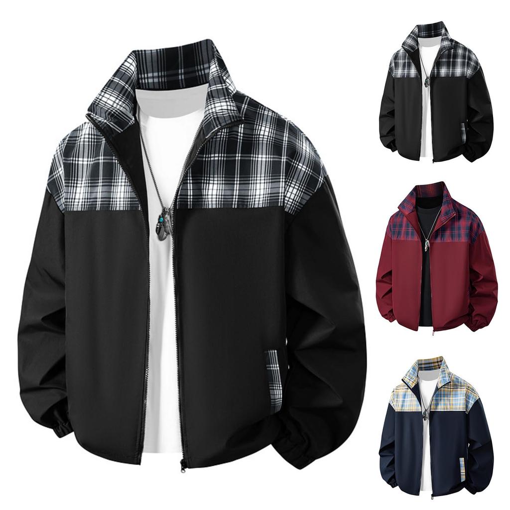Men's Casual Color-blocked Two-sided Jacket, Men's Loose Patchwork Checkered Jacket
