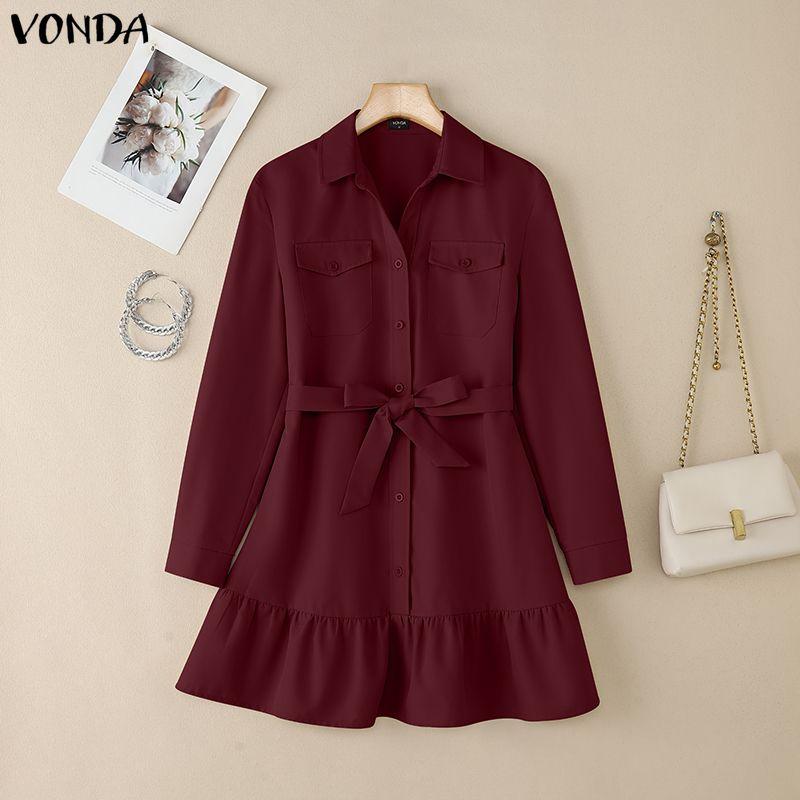 

VONDA Женское повседневное мини-платье с лацканами, длинными рукавами, поясом на талии и оборками 5XL вино красного