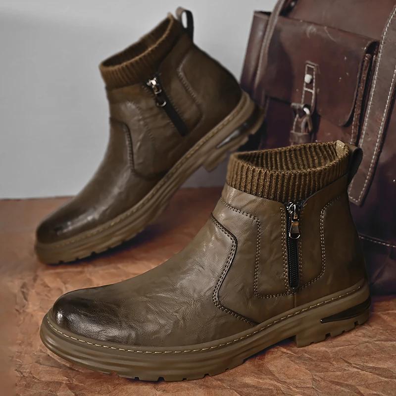 New Men Fashion Ankle Boot Casual Leather Lightweight Side Zipper Outdoor Boot Men Classic Breathable Work Shoes Winter Non Slip