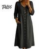 Polyester Summer Dress Midi for Women, Button Down Long Sleeve Mid-length Loose A-line Dress, Casual V Neck Flowy Vacation Outfits Women