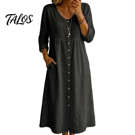 Polyester Summer Dress Midi for Women, Button Down Long Sleeve Mid-length Loose A-line Dress, Casual V Neck Flowy Vacation Outfits Women