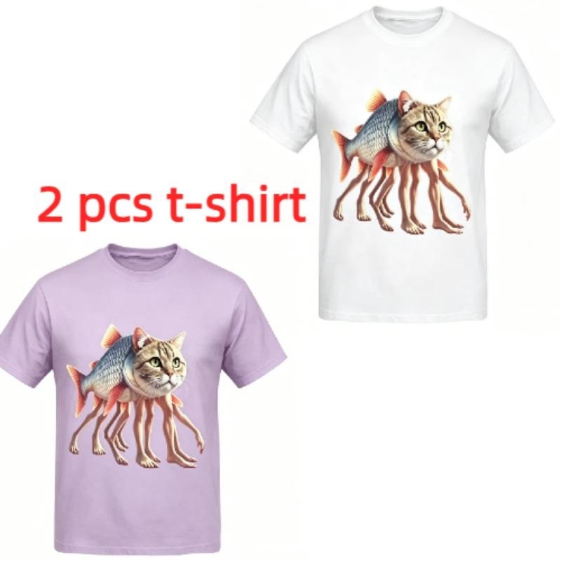 Funny Cartoon Fish Cat Monster Print Kids T-Shirts Summer Fashion Street Outdoor Casual T-shirt Tops for Boy and Girl's Tees Top