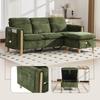 Three-Seater Sofa Set In Nordic Style with Storage Ottoman, L-Shaped Fabric Sofa with Side Pockets and Wooden Table Legs (Green Chenille)