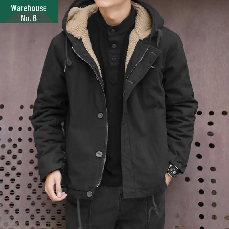 Men s Short Hooded Lambswool Workwear Jacket - Warm, Thick Winter Coat with Velvet Lining XL (155 Jin)