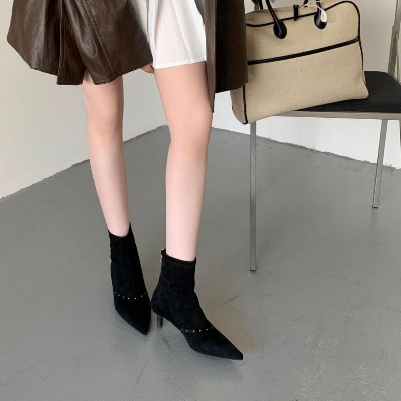 2025 autumn and winter new temperament high heel thin short boots women's pointed head thin heel rear zipper and bare boots