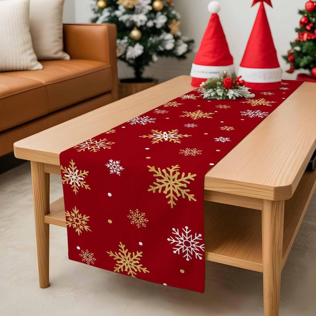 Christmas Golden Snowflake Linen Table Runner Party Decor Winter Xmas Holiday Kitchen Dining Table Runner Christmas Decorations