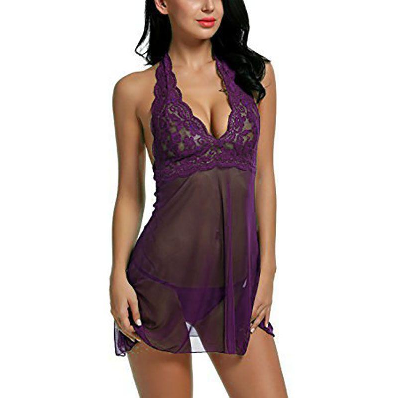 Alluring Women Sexy Lingerie Dress Baby Doll Halter Lace Patchwork Sleepwear Nightwear