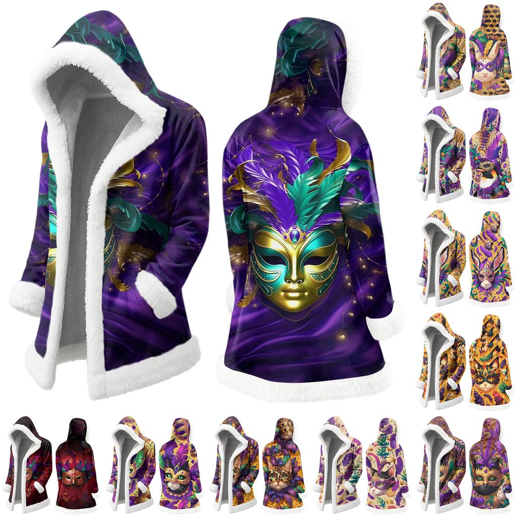 Unisex Casual And Fashionable Plush Collar Hooded Long Sleeved Carnival Print Jacket