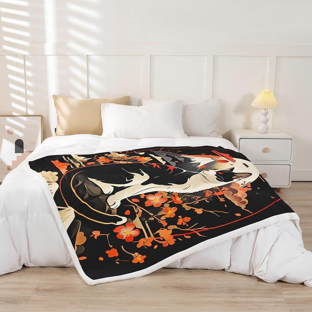 GUOYU Blanket Cat Anime Fleece Throw Blanket Queen Japanese Retro Funny Cat Sherpa Blanket Boys Girls Japanese Style Plush Blanket Japanese