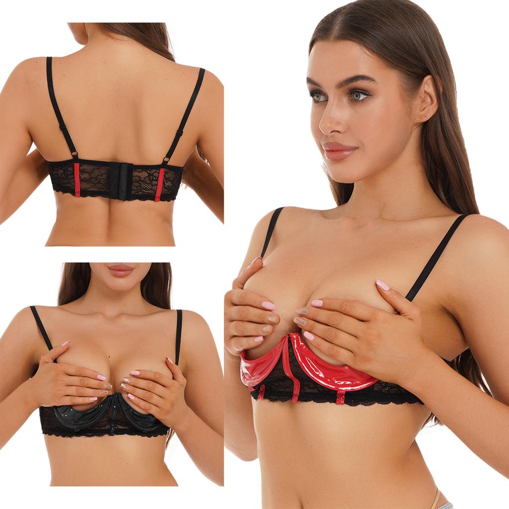 Womens Patent Leather 1/3 Cup Underwired Bra Floral Lace Brassiere Lingerie Underwear Honeymoon Gift