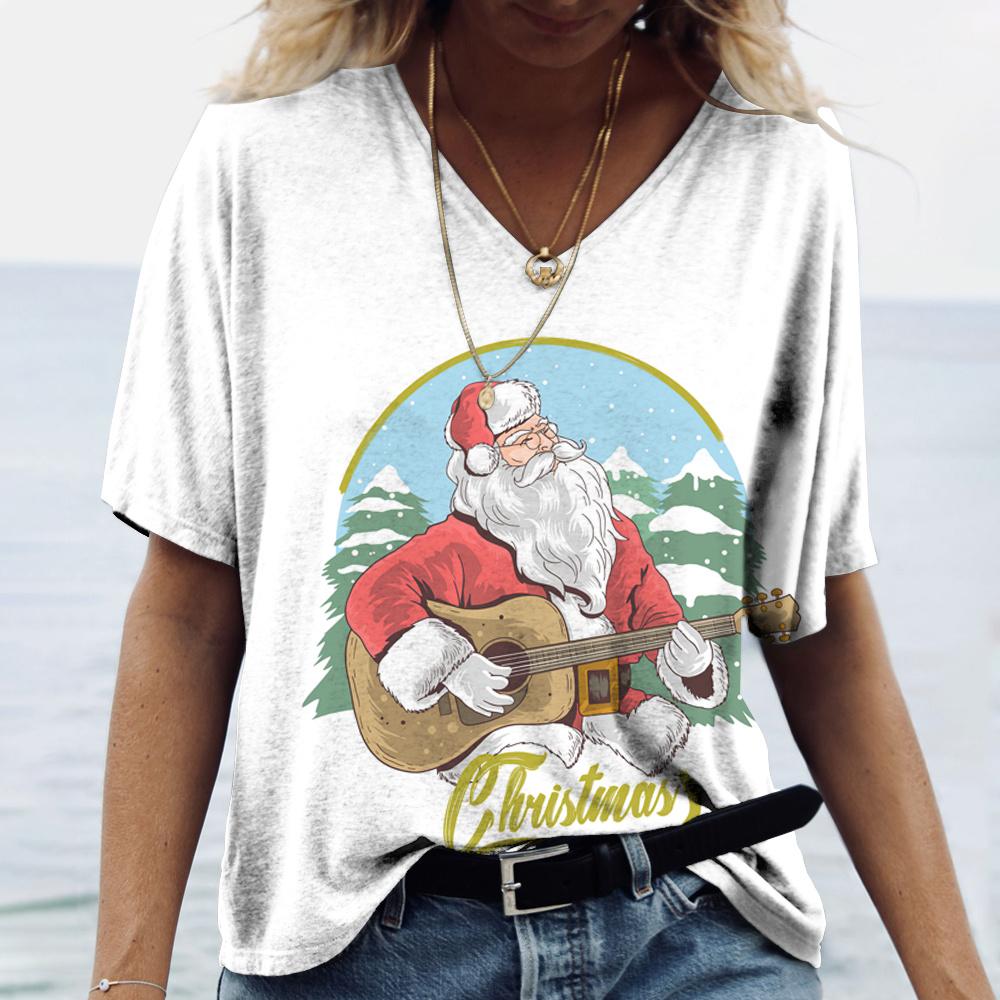 Plus Size 6XL Merry Christmas Women's Short sleeved V-neck T-shirt Christmas Tree Santa Claus Letter Print Simple Trendy Trend Women Clothing