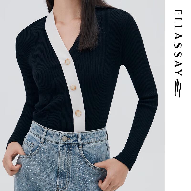 ELLASSAY Women's Lambswool Color Block Oblique Button V-Neck Slim Knit Sweater