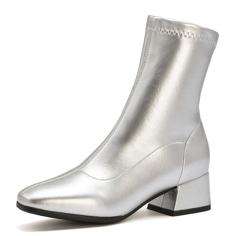 

Классические белые ботильоны для женщин на низком каблуке, короткие женские ботильоны, лакированная кожа, золотисто-серебряные, танцевальные туфли для вечеринок, осень-зима 42 серебряный