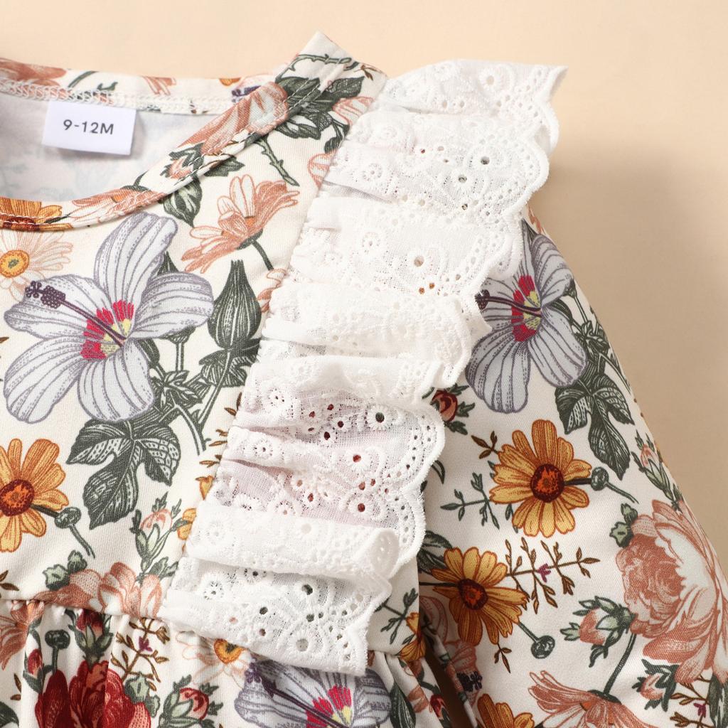 Baby Children's Long Sleeved Flower Lace One-piece Khaki Girl's High Waist Climbing Suit