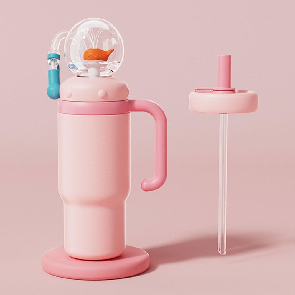 710ML Stainless Steel Whale Fountain Cup With Whale Sprinkler Handle Two Lid Straw Cup Durable Anti Drop Anti Overflow Fun Cup