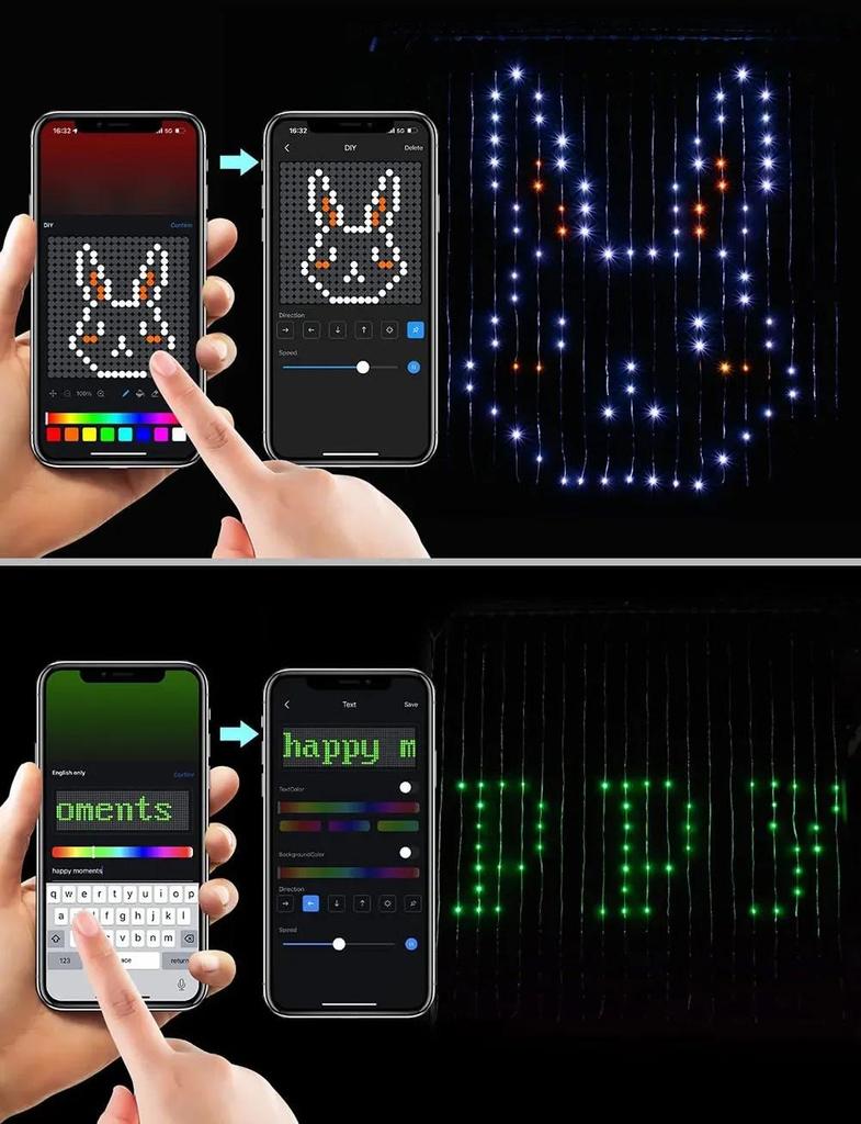 Grid Screen Hanging Smart LED Curtain Lights with Leather Line Decoration for Christmas and Dual Control Features