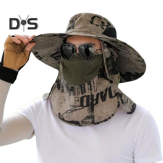 Men Fisherman Hat with Front Cover Large Brim Hollow Mesh Camouflage Print Anti-UV Sunlight Protection Quick Dry Great Breathability Outdoor Fishing