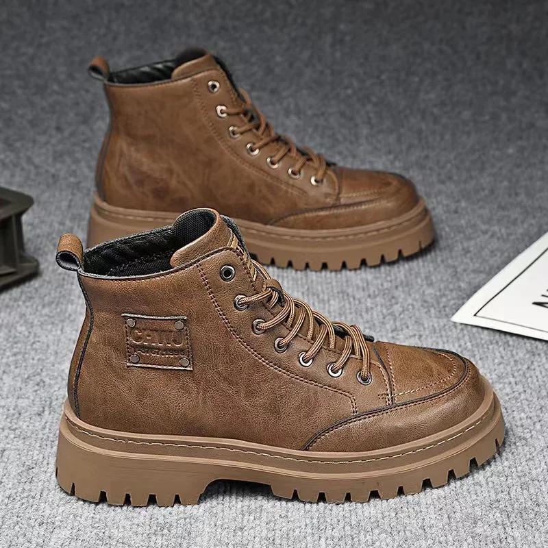

Men s Motorcycle Boots Fashion High-top Casual Boot British Style Leather Short Boots for Men Lace-Up Platform Boot 39 коричневый