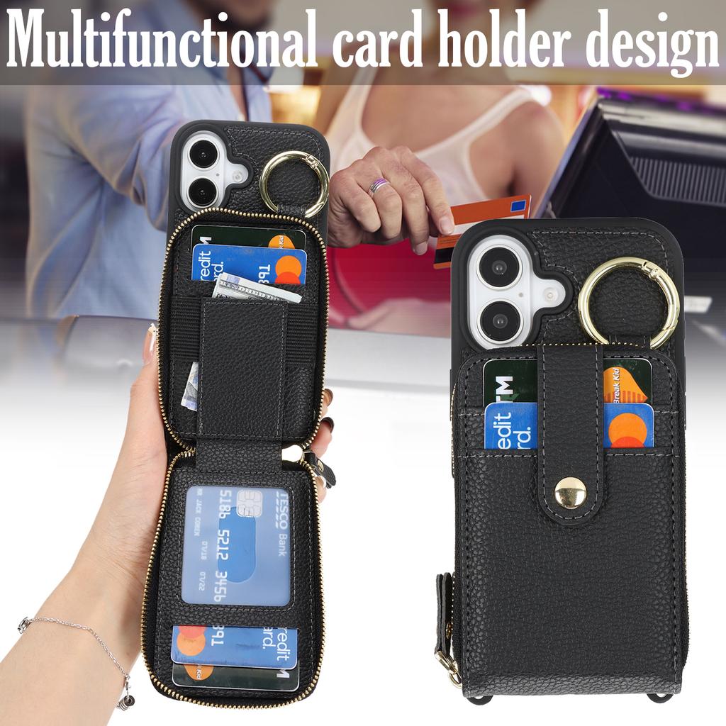 For iPhone 17 Case with Zipper Pouch / Ring Kickstand / Strap Litchi Texture PU + TPU Phone Cover