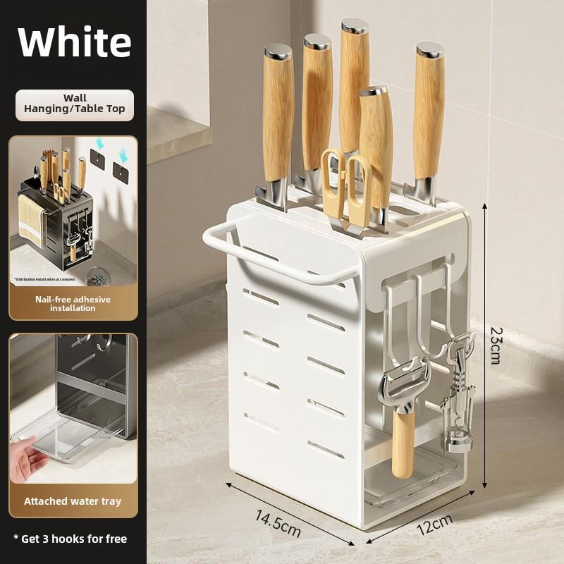 Kitchen Wall Mount Knife Holder Organizer Rack with Chopstick Storage and Dish Drying Tray, No Drilling Required