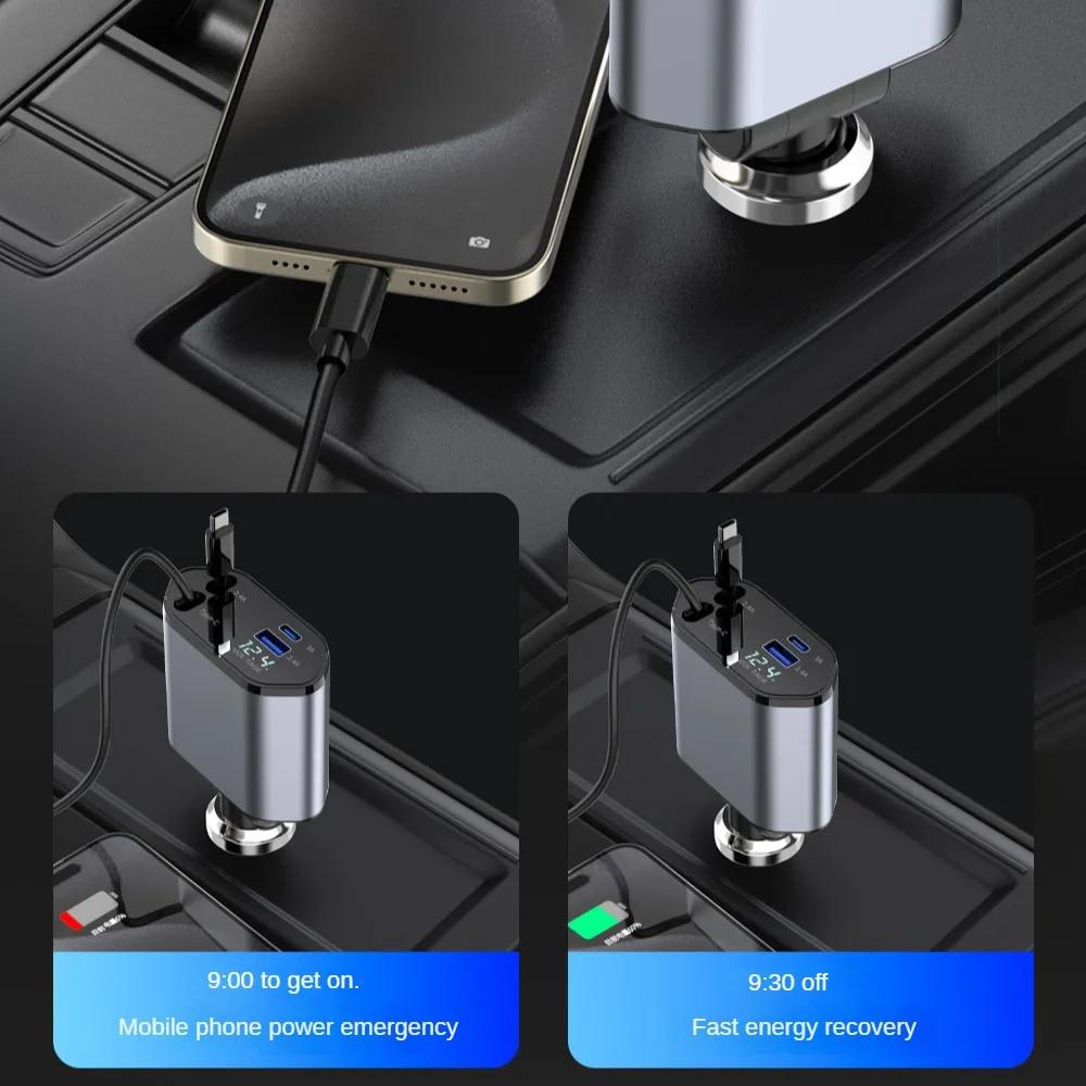 Retractable Car Charger 4 In 1 Fast Charging Car Charger 120W Dual Type-C Retractable Cable and 2 USB Ports Car Charger Adapter