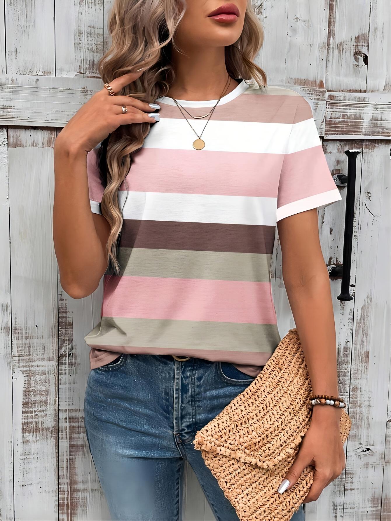 Women S Casual Crew Neck Striped Short Sleeve T-Shirt. 95% L дубильная кора