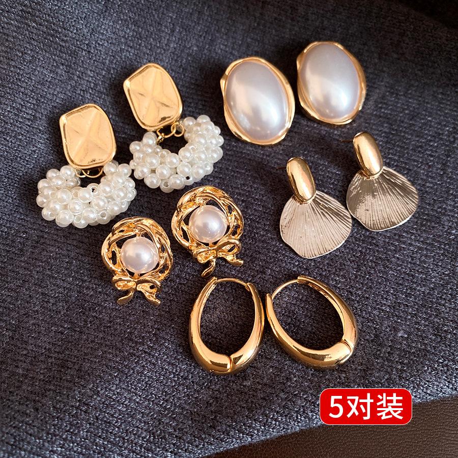 Silver needle pearl oval earrings set exquisite ins style temperament versatile stud earrings niche high-end earrings women