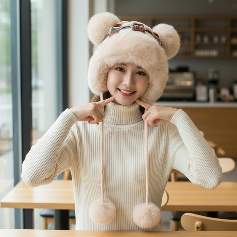Winter Hat Female Cute Antlers Hairball Ear Protectors Plush Hat Christmas Thickened Northeast Lei Feng Hat Cycling Hat